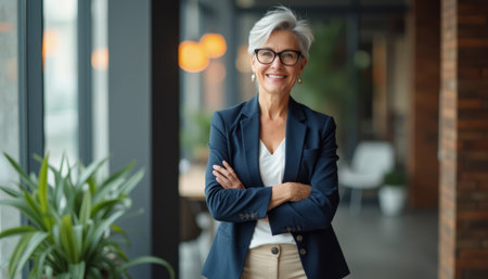 A poised senior businesswoman with silver hair and glasses stands confidently with her arms crossed in a contemporary office setting. The warm lighting and stylish decor create an inviting atmosphere, highlighting her professionalism and approachability.の素材