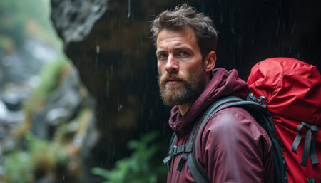 A rugged man with a thick beard stands in a lush, rain-soaked environment, showcasing resilience against natures elements. His intense gaze and red backpack highlight the spirit of adventure and the thrill of exploration in challenging conditions.の素材