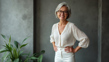 An elegant elderly woman with silver hair and glasses stands confidently against a modern gray backdrop, exuding warmth and charm. Her white blouse and tailored pants highlight her sophisticated style, while the lush green plant adds a touch of life to the serene atmosphere.の素材
