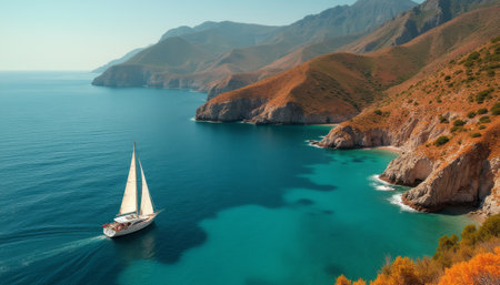 A majestic sailboat glides gracefully across tranquil turquoise waters, surrounded by stunning mountainous landscapes. The vibrant hues of the hills and the calm sea create a picturesque scene that evokes a sense of adventure and peace.の素材