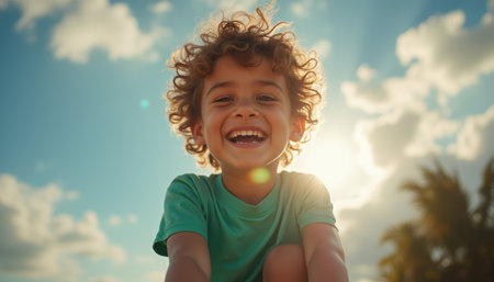 A cheerful young boy with curly hair beams with joy, illuminated by the warm glow of the sun behind him. His vibrant smile radiates happiness, capturing the essence of carefree childhood moments on a beautiful day.の素材