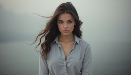 A striking young woman stands confidently against a misty backdrop, her long hair gently swaying in the breeze. Her piercing gaze and soft gray shirt evoke a sense of mystery and allure, inviting viewers to connect with her story.の素材