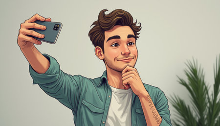 A cheerful young man with stylish hair poses for a selfie, showcasing a playful yet contemplative vibe. The background features soft colors and a hint of greenery, enhancing the relaxed atmosphere of the moment.の素材