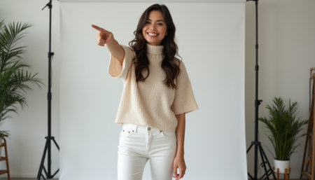 A joyful young woman with long, wavy hair is pointing playfully while wearing a stylish beige sweater and white jeans. The bright, inviting atmosphere is enhanced by the soft background and greenery, creating a sense of positivity and engagement.の素材
