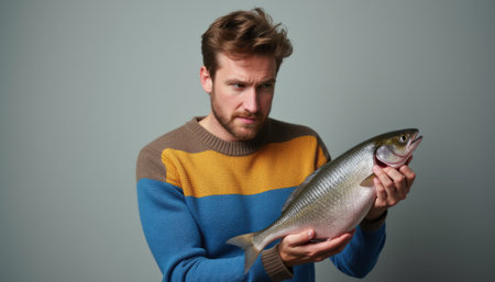 A young man with a stylish sweater holds a sizable fish, looking perplexed against a muted green backdrop. The image captures a moment of curiosity and surprise, highlighting the mans thoughtful demeanor as he examines his catch.の素材