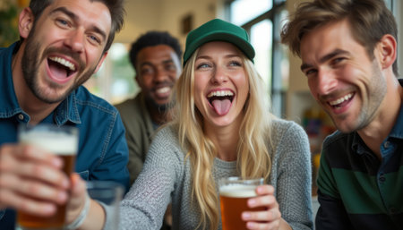 A group of three friends, two men and one woman, share laughter and drinks in a lively setting. Their vibrant expressions and camaraderie create an atmosphere of joy and celebration, perfect for capturing the essence of friendship.の素材