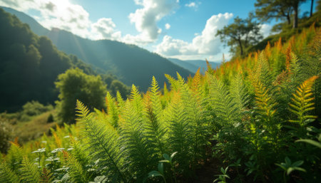 A vibrant field of ferns stretches across a serene valley, illuminated by warm sunlight filtering through the clouds. The scene captures the essence of tranquility and natural beauty, showcasing the rich greens and golden hues of the ferns against a backdrop of rolling hills.の素材