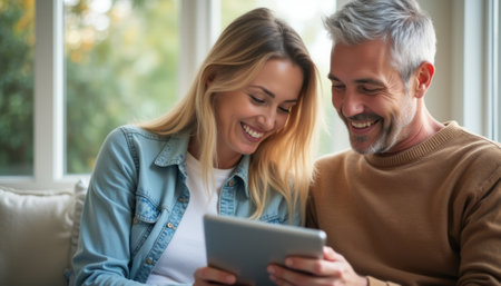 A happy couple, a middle-aged man with gray hair and a woman with long blonde hair, are sitting closely together on a cozy couch, engrossed in a tablet. Their warm smiles and laughter create an inviting atmosphere, showcasing the joy of shared experiences and connection in a bright, sunlit room.の素材