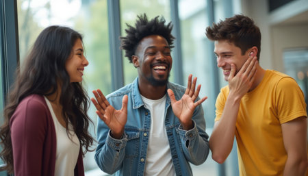 A diverse group of three friendsâtwo men and one womanâare engaged in a lively conversation, radiating joy and connection. The warm atmosphere is enhanced by their genuine smiles and animated gestures, showcasing the beauty of friendship and shared moments.の素材