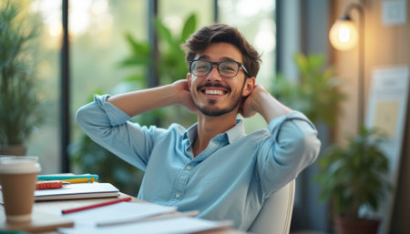 A smiling young man with glasses sits comfortably in a modern office, surrounded by greenery and natural light. His relaxed posture and joyful expression convey a sense of accomplishment and contentment in a vibrant, inspiring environment.の素材