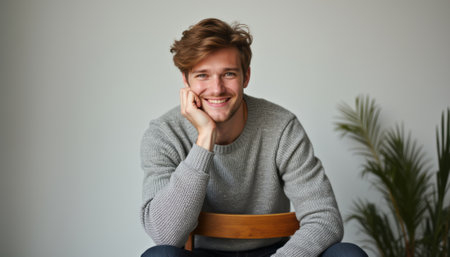 A handsome young man with tousled hair sits comfortably on a wooden chair, exuding warmth and friendliness. His genuine smile and relaxed posture create an inviting atmosphere, enhanced by the soft, neutral background and a hint of greenery.の素材