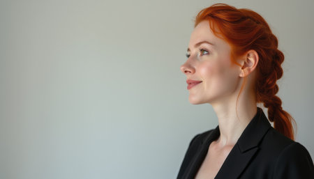 A poised woman with striking red hair styled in a braid gazes thoughtfully to the side, exuding confidence and grace. Her elegant black blazer complements her radiant complexion, creating a captivating image of professionalism and self-assuredness.の素材
