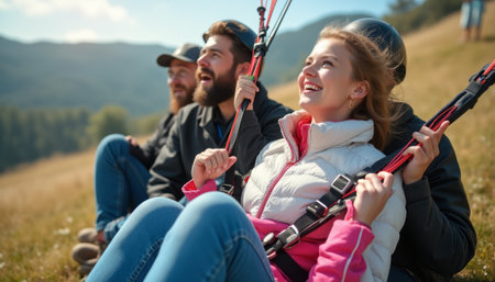 Three friends, two men and one woman, sit on a grassy hill, excitedly gearing up for a paragliding experience. Their expressions radiate joy and anticipation, capturing the thrill of adventure in a stunning natural landscape.の素材