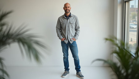 A smiling man with a well-groomed beard stands confidently in a stylish, minimalistic room, hands in pockets. The bright atmosphere, complemented by greenery, radiates positivity and approachability, making it perfect for professional or lifestyle themes.の素材