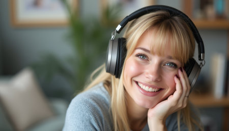 A cheerful young woman with long blonde hair is wearing sleek black headphones, radiating joy as she listens to her favorite tunes. Her bright smile and relaxed posture create a warm, inviting atmosphere, perfect for capturing the essence of music and happiness.の素材