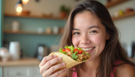 A cheerful young woman holds a vibrant taco filled with fresh ingredients, radiating joy in a cozy kitchen setting. The image captures the essence of culinary delight and the happiness that comes from sharing good food with loved ones.の素材