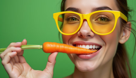 A cheerful young woman with long hair playfully bites into a vibrant orange carrot while wearing oversized yellow glasses. The bright green background enhances the fun and fresh vibe, celebrating healthy eating and joy.の素材
