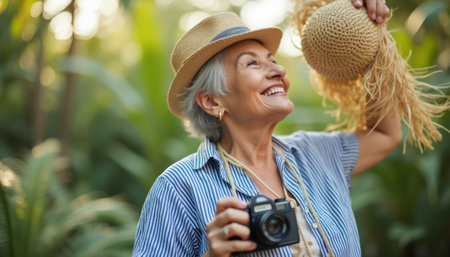 A cheerful elderly woman with silver hair smiles brightly while holding a straw hat and a camera amidst vibrant greenery. Her joyful expression captures the essence of adventure and the beauty of life, inviting viewers to embrace their passions.の素材