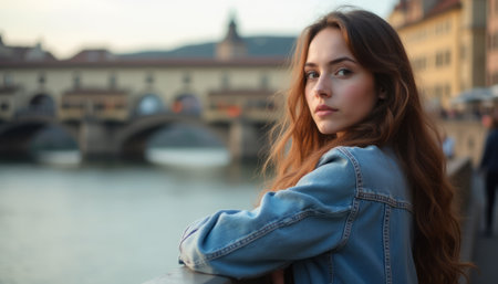 A young woman with flowing brown hair stands pensively by the river, her denim jacket contrasting beautifully with the serene backdrop of a historic bridge. The image captures a moment of reflection, evoking a sense of tranquility and connection to the picturesque surroundings.の素材
