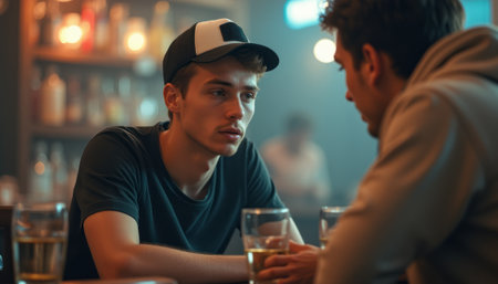 Two young men, one wearing a cap and the other in a hoodie, share a deep conversation over drinks in a cozy bar setting. The warm lighting and blurred background create an intimate atmosphere, highlighting their focused expressions and the connection between them.の素材
