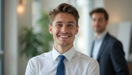 A cheerful young man in a white shirt and blue tie stands confidently in a bright office, exuding positivity. Behind him, a colleague in a dark suit adds depth to the scene, highlighting teamwork and professionalism.の素材