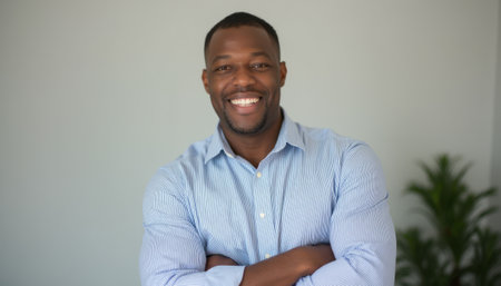 A cheerful Black man stands confidently with his arms crossed, exuding warmth and approachability. His bright smile and casual blue shirt create an inviting atmosphere, perfect for conveying positivity and professionalism.の素材