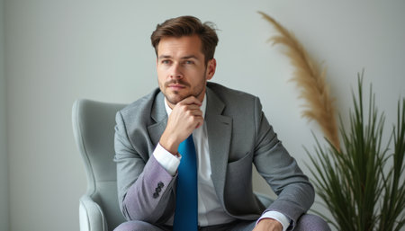A stylish young man in a tailored gray suit sits thoughtfully in a contemporary chair, exuding confidence and professionalism. His piercing gaze and contemplative pose suggest he is deep in thought, embodying the essence of ambition and determination in a sleek, modern workspace.の素材