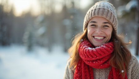 A cheerful young woman with a radiant smile stands in a snowy landscape, wearing a cozy beige sweater, a knitted hat, and a vibrant red scarf. The scene captures the essence of winter joy, with soft snowflakes gently falling around her, creating a magical atmosphere.の素材