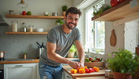 A cheerful young man with a beard is chopping colorful bell peppers on a wooden countertop in a sunlit kitchen. The vibrant atmosphere is enhanced by fresh produce and greenery, evoking a sense of joy and healthy living.の素材