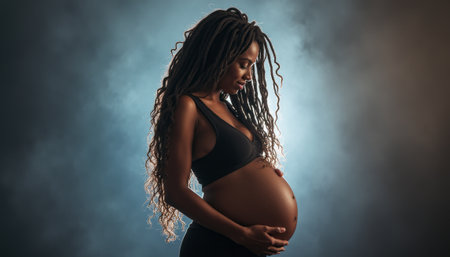 A beautiful pregnant woman with long, flowing hair gently cradles her baby bump, radiating serenity and anticipation. The soft, ethereal lighting creates a dreamy atmosphere, highlighting her graceful silhouette and the miracle of motherhood.の素材