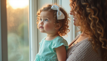 A joyful mother holds her curly-haired daughter, both captivated by the golden light streaming through the window. This heartwarming moment captures the bond between them, filled with wonder and love as they share a peaceful afternoon together.の素材