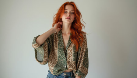 A striking young woman with flowing red hair stands against a soft, neutral background, exuding confidence and style. Her patterned shirt, featuring earthy tones, complements her vibrant hair, creating a captivating visual harmony.の素材