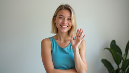 A smiling young woman with blonde hair waves cheerfully against a soft, neutral background, radiating warmth and friendliness. Her casual blue tank top complements her bright demeanor, inviting connection and positivity.の素材