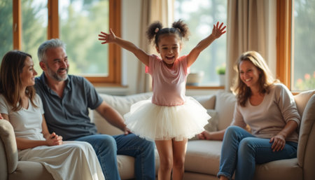 A cheerful young girl in a pink tutu leaps joyfully in a sunlit living room, surrounded by her smiling family. The warm atmosphere captures a moment of pure happiness and togetherness, showcasing the love and joy shared among generations.の素材