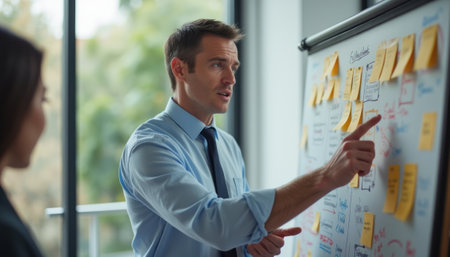 A focused businessman in a light blue shirt passionately presents his ideas on a whiteboard filled with colorful sticky notes. His confident gestures and the attentive woman beside him highlight a dynamic brainstorming session, showcasing teamwork and creativity in a modern office setting.の素材