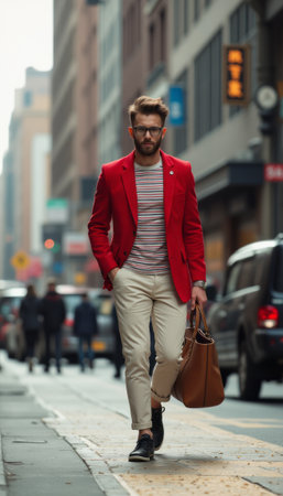 A fashionable man with glasses strides through a vibrant urban scene, exuding confidence in his striking red blazer and casual striped shirt. His stylish ensemble, complemented by a brown leather bag, captures the essence of modern city life and personal flair.の素材
