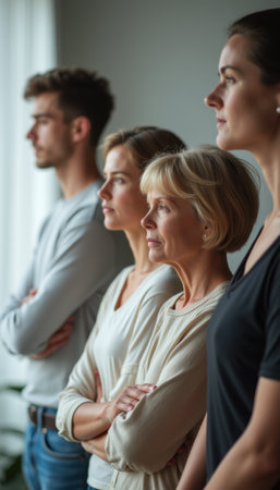 A diverse group of four individuals stands in profile, lost in thought as they gaze out a large window. Their expressions reflect a mix of contemplation and introspection, highlighting the depth of their emotions and the connection they share in this quiet moment.の素材