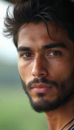 A striking portrait of a young South Asian man with a well-groomed beard, exuding confidence and depth. His expressive brown eyes and tousled hair create a captivating aura, inviting viewers to connect with his story.の素材