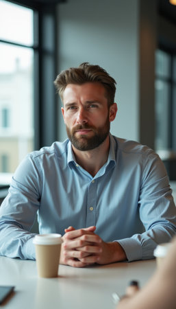 A pensive man with a well-groomed beard sits at a table in a stylish cafÃ©, lost in thought. The warm ambiance and soft lighting create an intimate atmosphere, highlighting his contemplative expression and the coffee cup in front of him.の素材