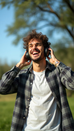 A cheerful young man with curly hair is wearing headphones, laughing joyfully in a sunlit outdoor setting. His casual attire and vibrant smile radiate happiness, capturing the essence of carefree moments spent in nature.の素材