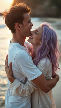 A young couple, a man and a woman, share a joyful embrace on the beach during a stunning sunset. Their laughter and love radiate as the golden sun casts a warm glow on their faces, creating a magical moment of connection.の素材