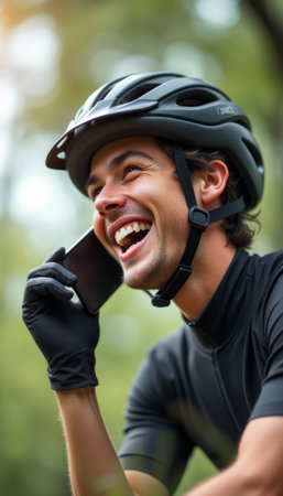 A young man in a sleek black cycling outfit and helmet smiles broadly while talking on his smartphone, surrounded by lush greenery. His infectious laughter and relaxed posture convey a sense of freedom and joy, capturing the essence of outdoor adventure and connection.の素材