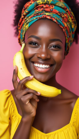 A vibrant young Black woman smiles brightly while playfully holding a banana against a pink background. Her colorful headwrap and yellow top enhance the cheerful atmosphere, celebrating joy and positivity.の素材