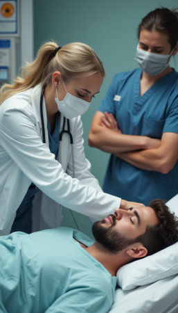 A female doctor in a white coat gently examines a male patient lying on a hospital bed, while a male nurse observes attentively. The scene captures the essence of healthcare, showcasing dedication, empathy, and teamwork in a clinical setting.の素材
