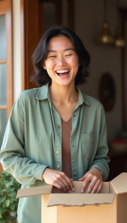 A cheerful young woman with short black hair beams with joy as she opens a cardboard box, revealing a delightful surprise. Her vibrant smile and relaxed outfit create an inviting atmosphere, capturing the excitement of unwrapping a special gift.の素材