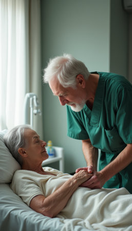 An elderly man in green scrubs gently holds the hand of an elderly woman in a hospital bed, radiating warmth and compassion. This touching scene captures the essence of care and connection in a healthcare setting, highlighting the emotional bond between caregiver and patient.の素材