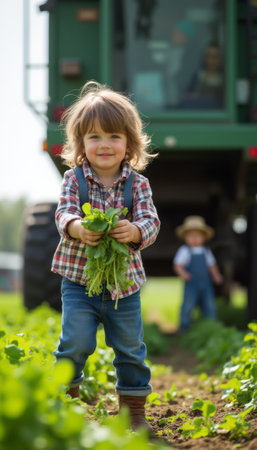 A cheerful young boy with tousled hair holds a bunch of freshly picked greens, showcasing the joy of farm life. Behind him, another child in overalls plays near a large green tractor, capturing the essence of childhood innocence and the beauty of nature.の素材