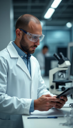 A male scientist in a white lab coat and protective glasses intently examines data on a tablet in a modern laboratory. The image captures the essence of scientific inquiry, showcasing the blend of technology and research in a professional setting.の素材