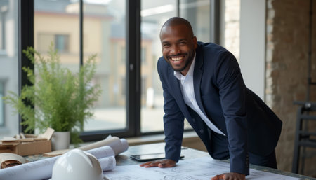 A cheerful Black man in a tailored suit leans over architectural plans, exuding confidence and professionalism in a bright, modern office. His warm smile and engaging demeanor reflect a passion for design and collaboration, making the workspace feel inviting and dynamic.の素材