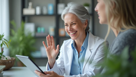A joyful elderly woman in a white coat smiles and waves while consulting with a younger woman in a cozy, well-lit office. This warm interaction highlights the importance of compassionate healthcare and the bond between doctor and patient.の素材